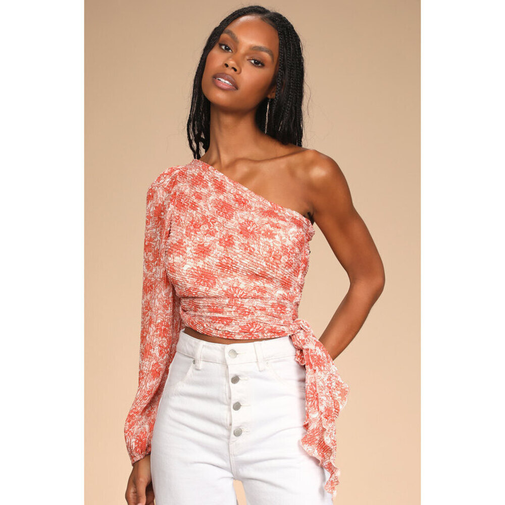 Lulus Grow Toward Love Pink Floral Print Pleated One-shoulder Top - Size L